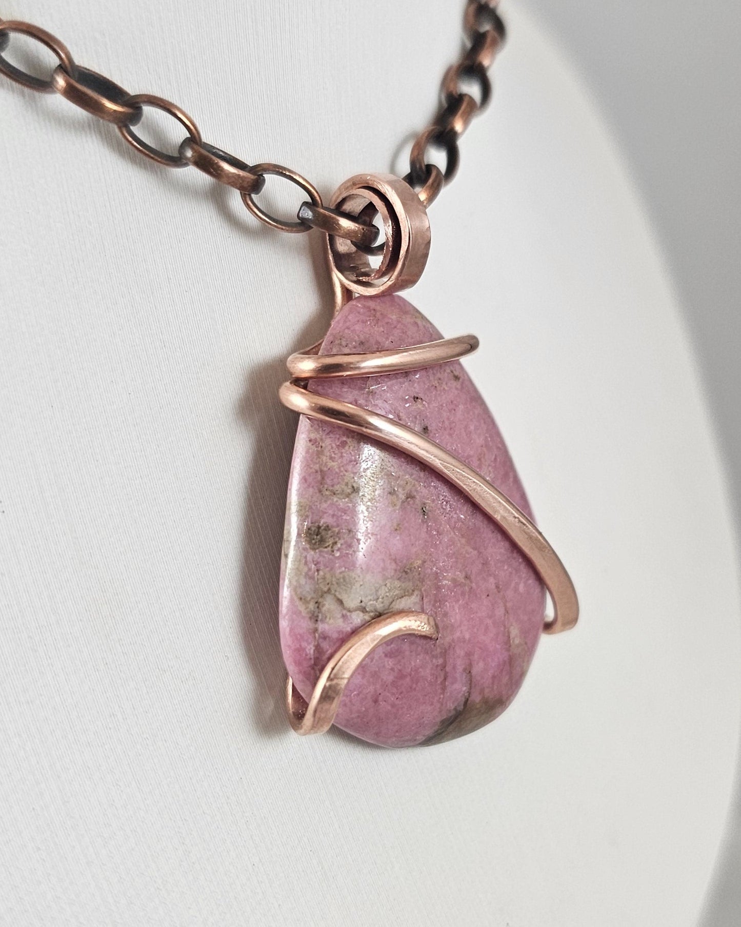 Rhodonite Handmade Stone Pendant Wrapped in Copper