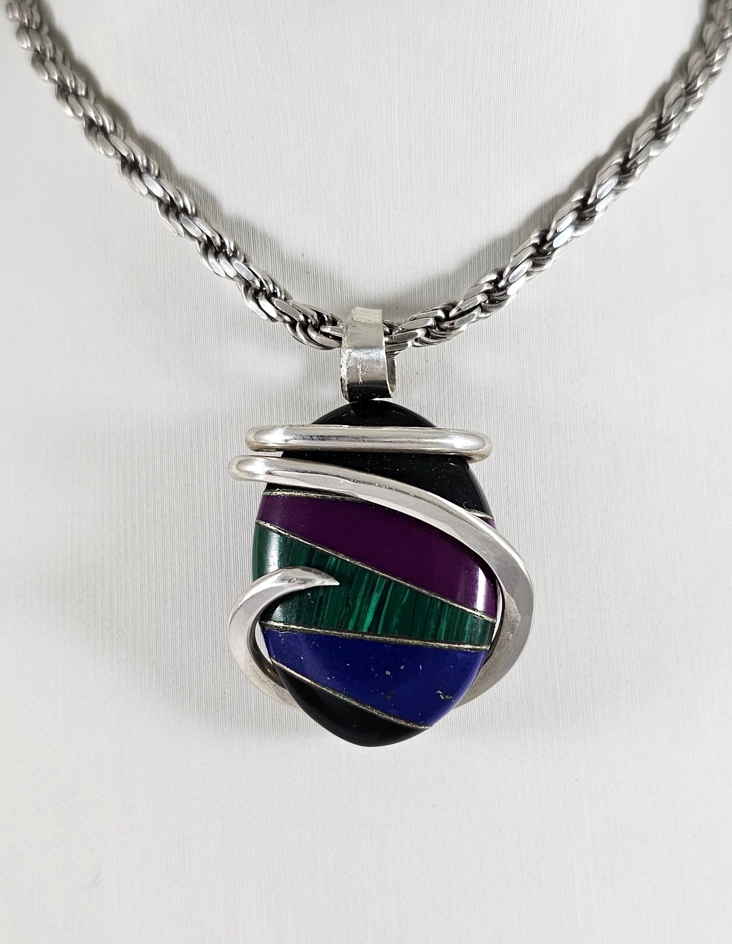 Inlay Handmade Pendant Wrapped in Silver (Antique Bead)