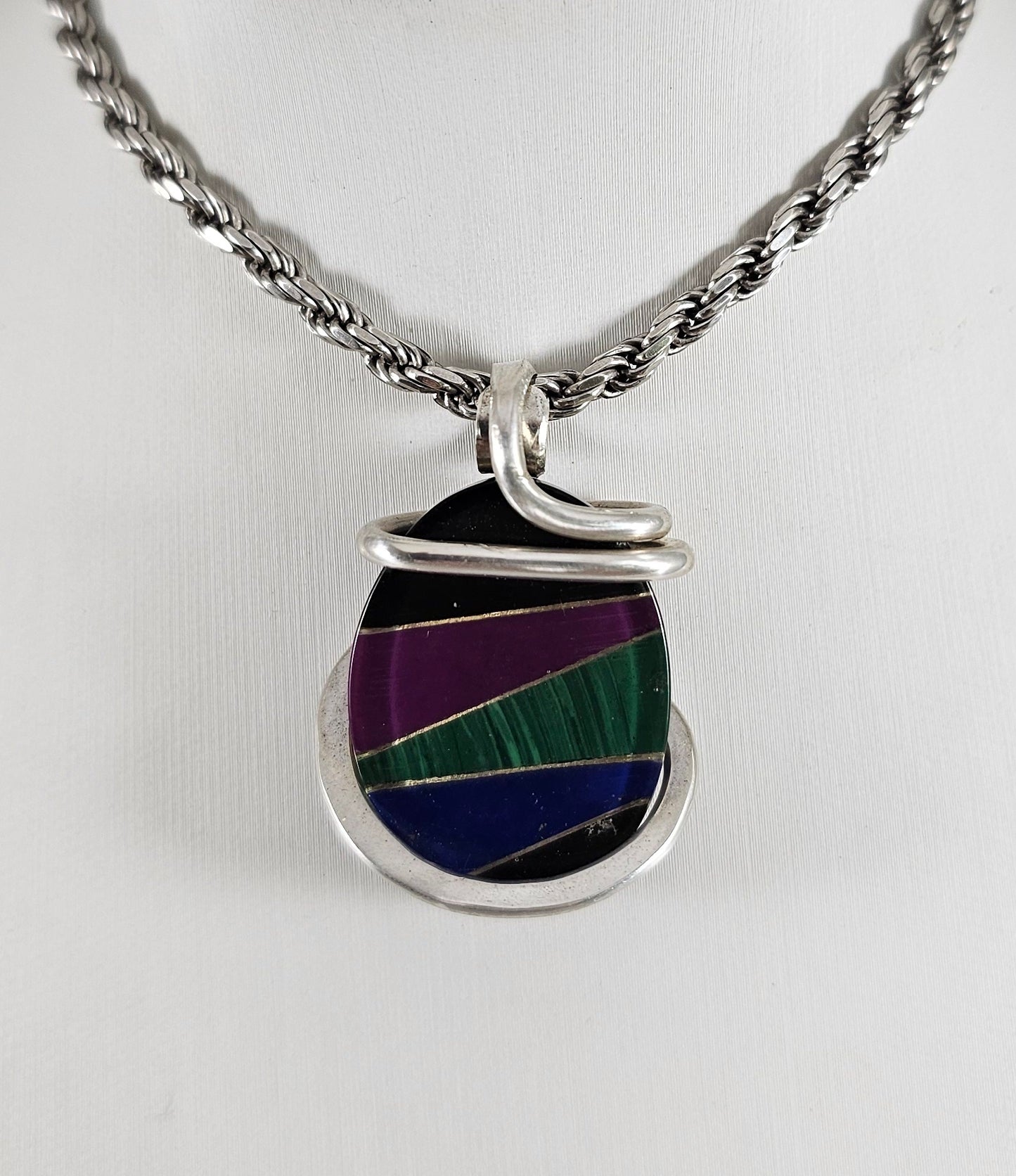 Inlay Handmade Pendant Wrapped in Silver (Antique Bead)