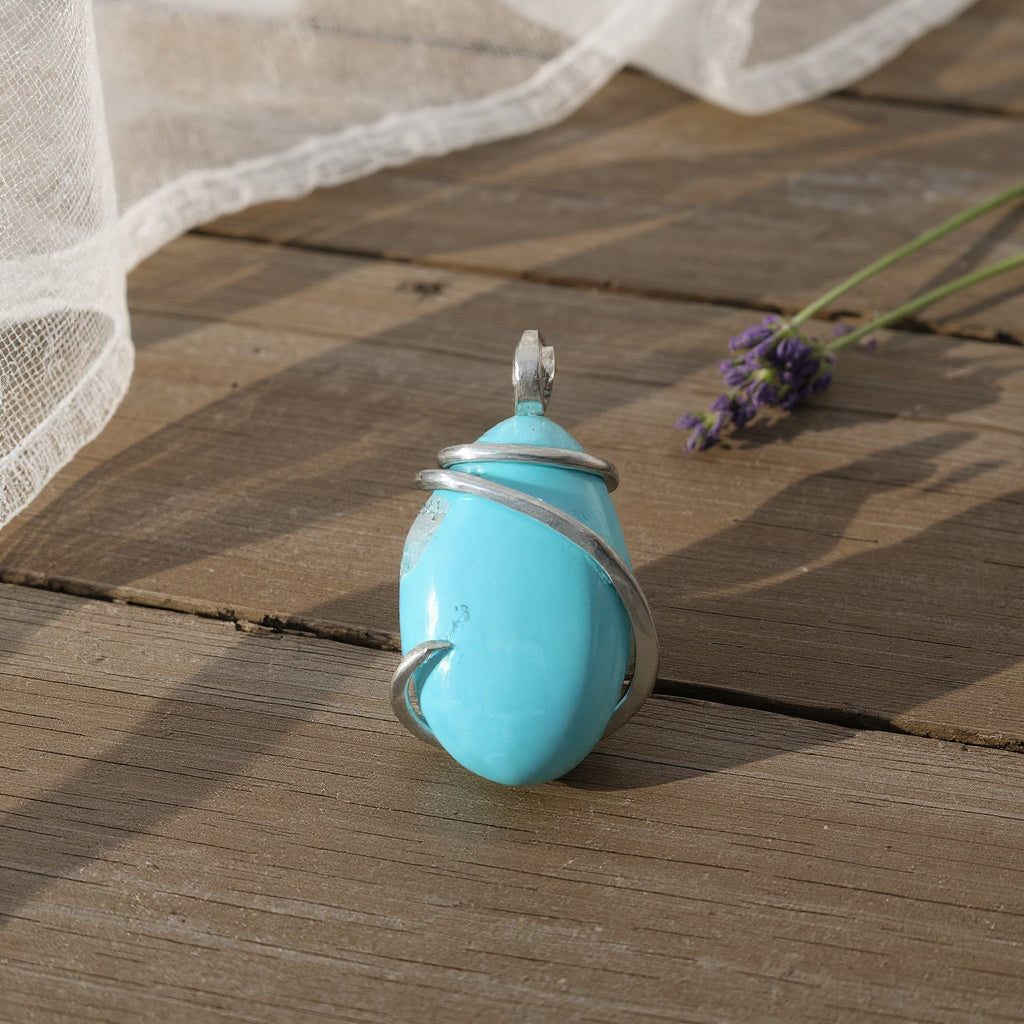 Sleeping Beauty Turquoise Handmade Stone Pendant Wrapped in Silver