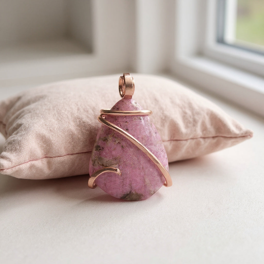 Rhodonite Handmade Stone Pendant Wrapped in Copper