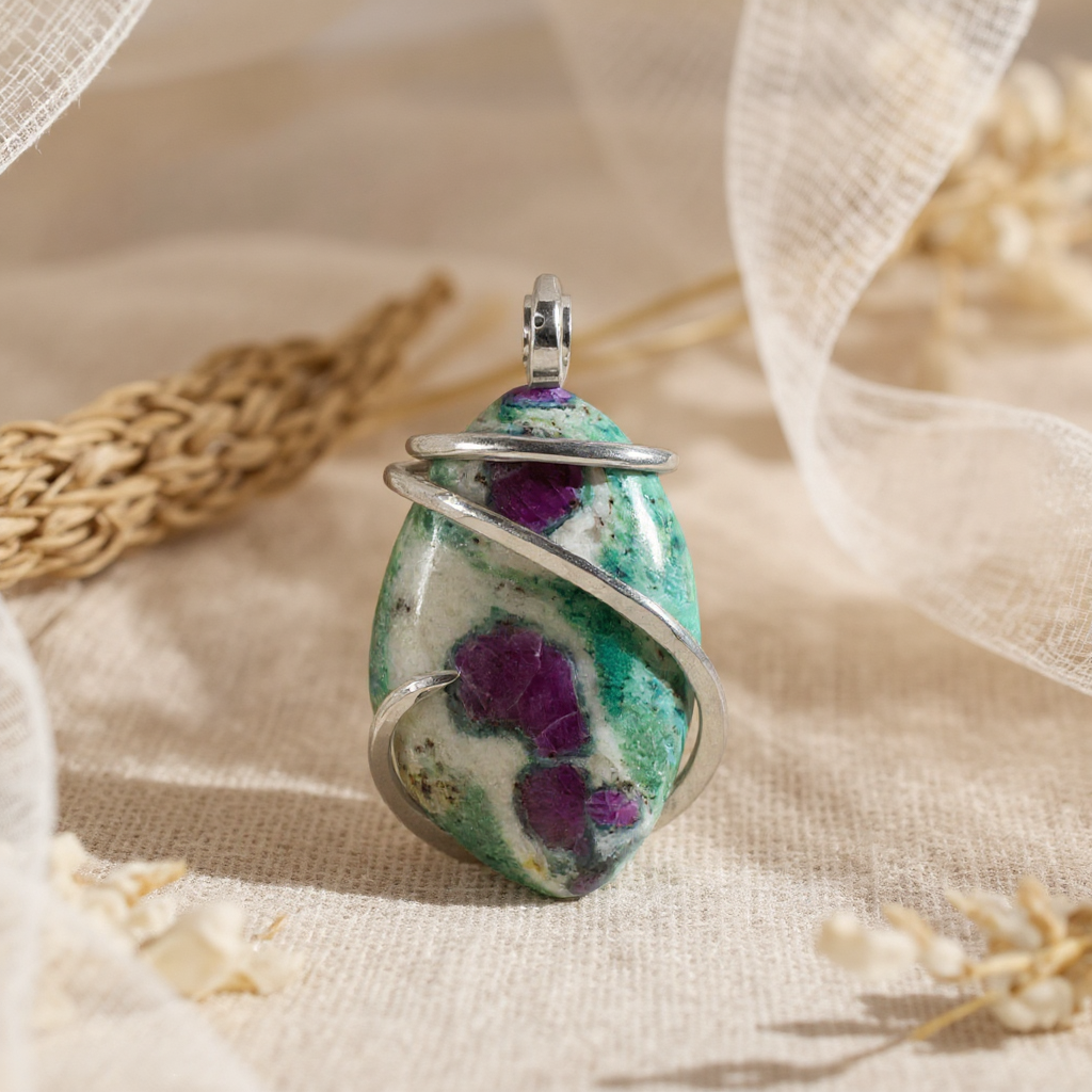 Ruby in Fuchsite Handmade Stone Wrapped in Silver