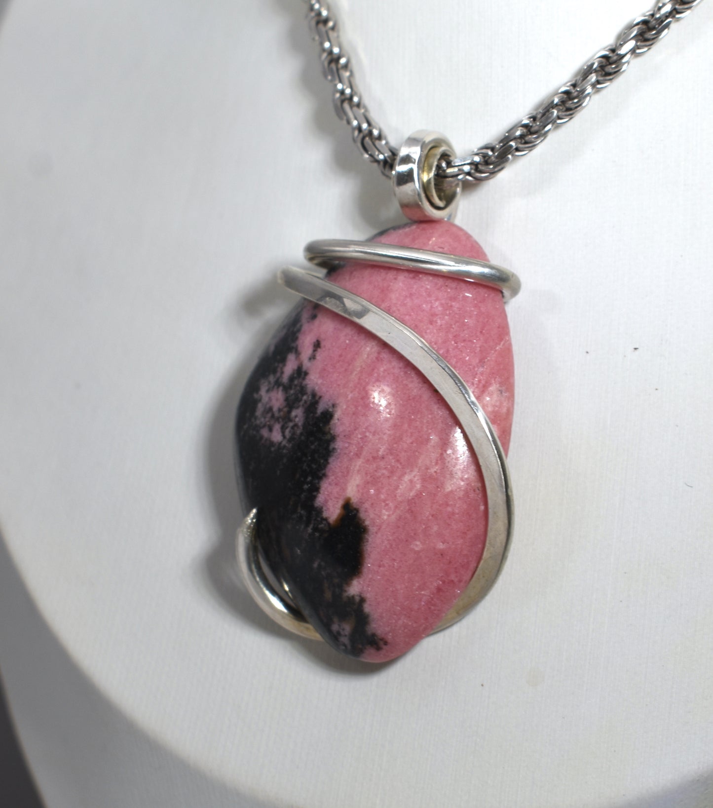 Rhodonite Handmade Stone Pendant Wrapped in Silver