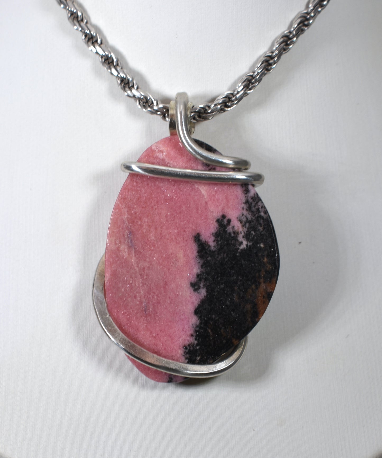Rhodonite Handmade Stone Pendant Wrapped in Silver