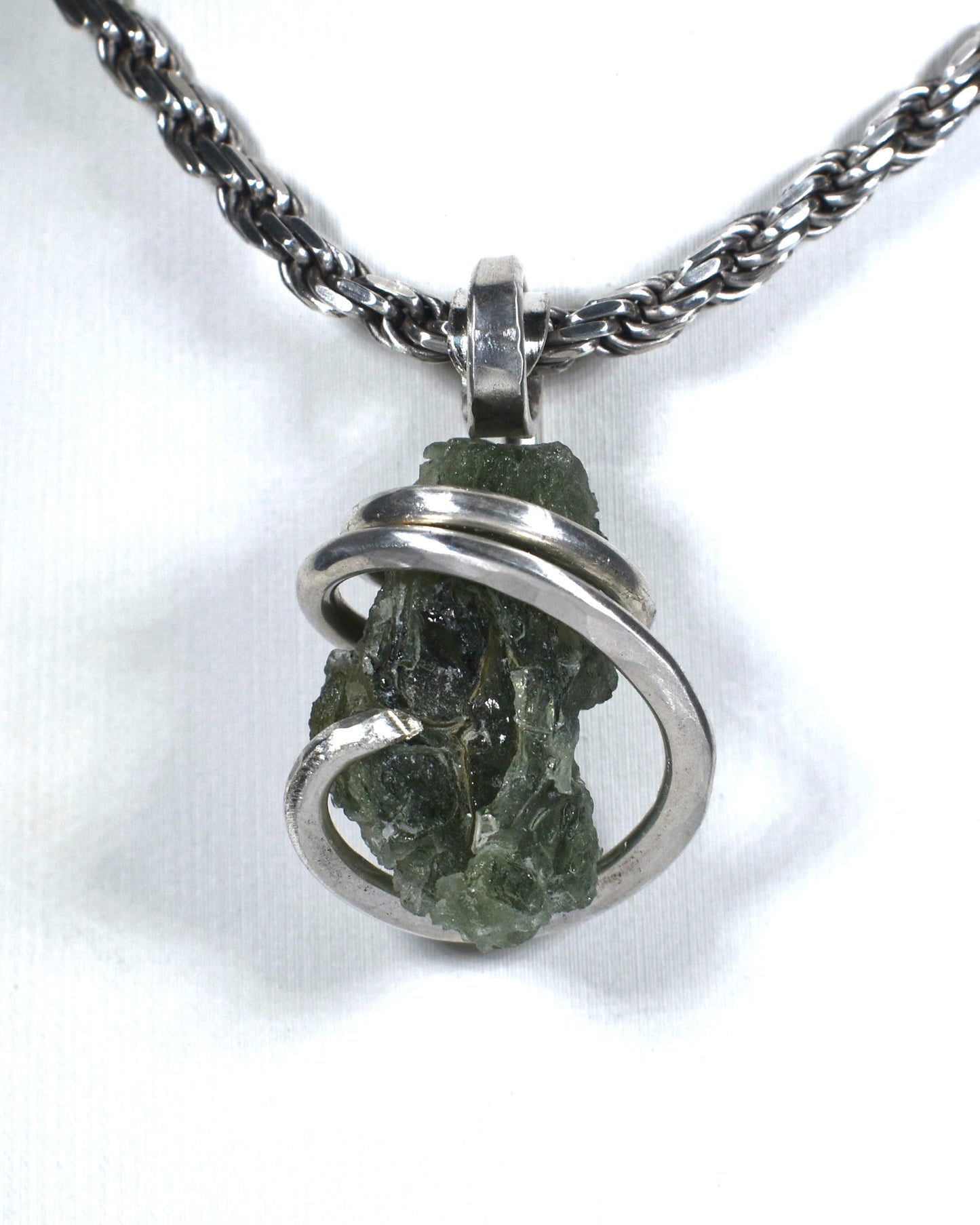 Moldavite Crystal or Tektite (Green Meteorite) Pendant Hand Wrapped in Sterling Silver