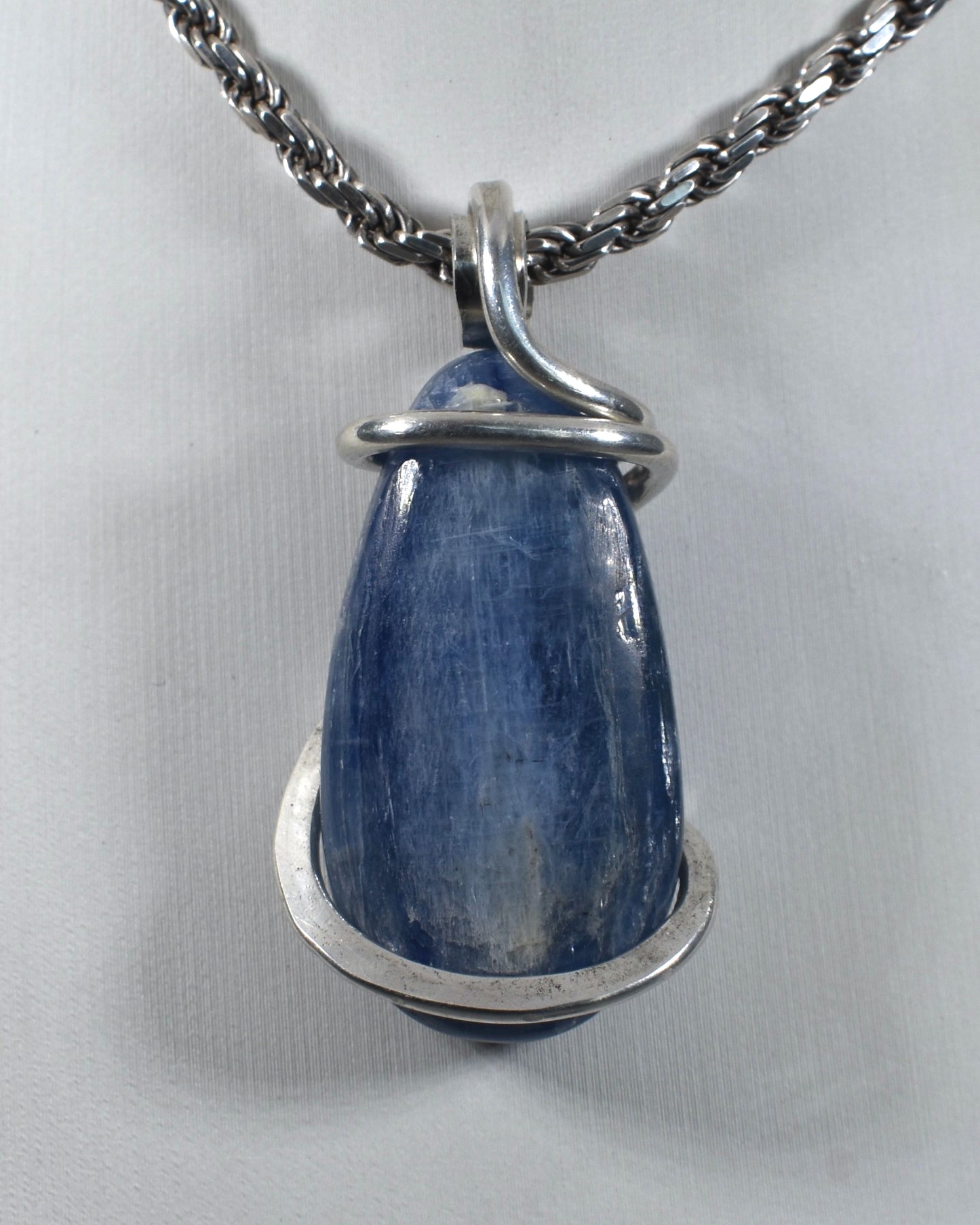 Blue Kyanite Handmade Crystal Pendant Wrapped in Silver