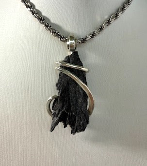 Kyanite Black Stone Pendant (Witch's Broom) Hand Wrapped in Sterling Silver