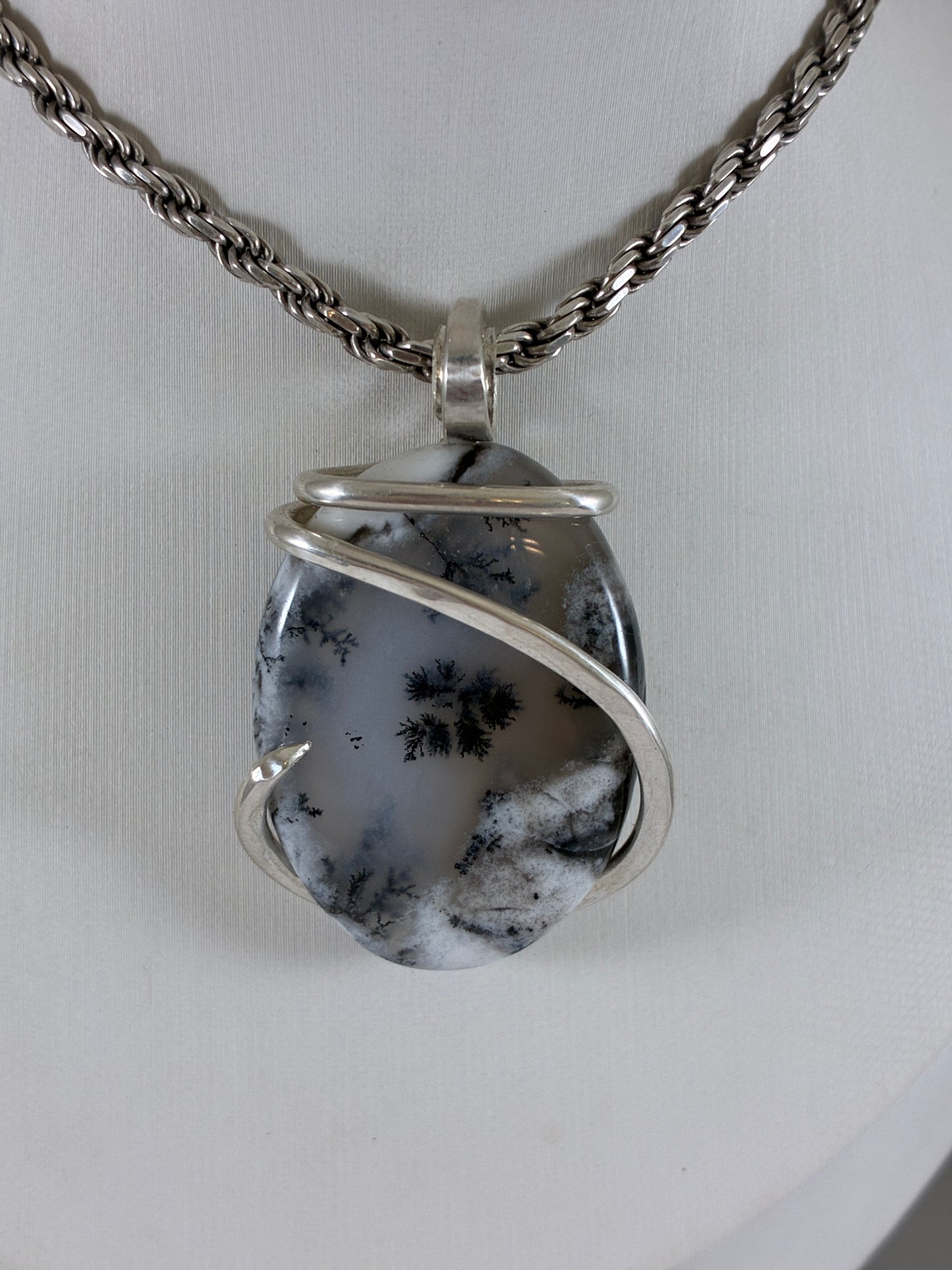 Dendritic Agate Handmade Crystal Pendant Wrapped in Silver