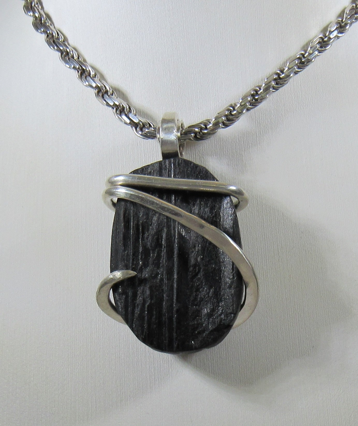 Black Tourmaline Handmade Stone Pendant Wrapped in Silver