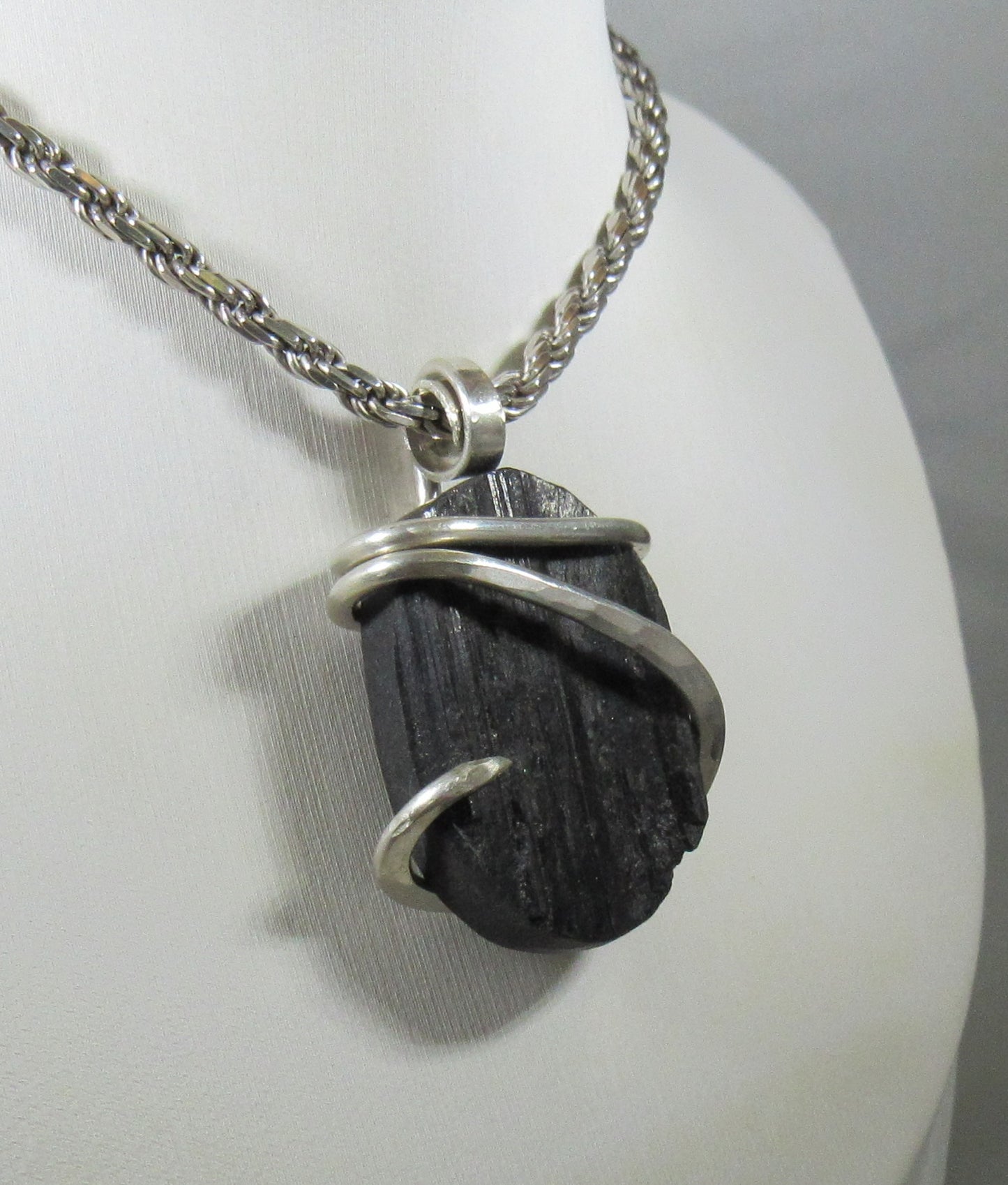Black Tourmaline Handmade Stone Pendant Wrapped in Silver