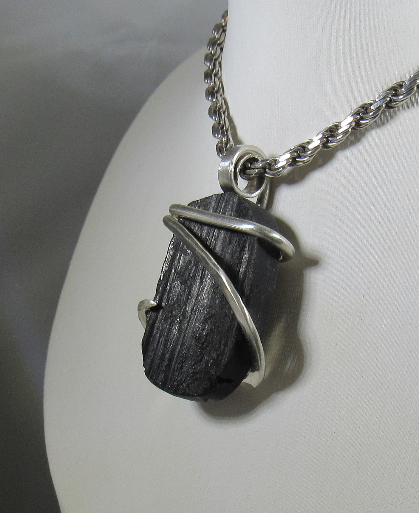 Black Tourmaline Handmade Stone Pendant Wrapped in Silver