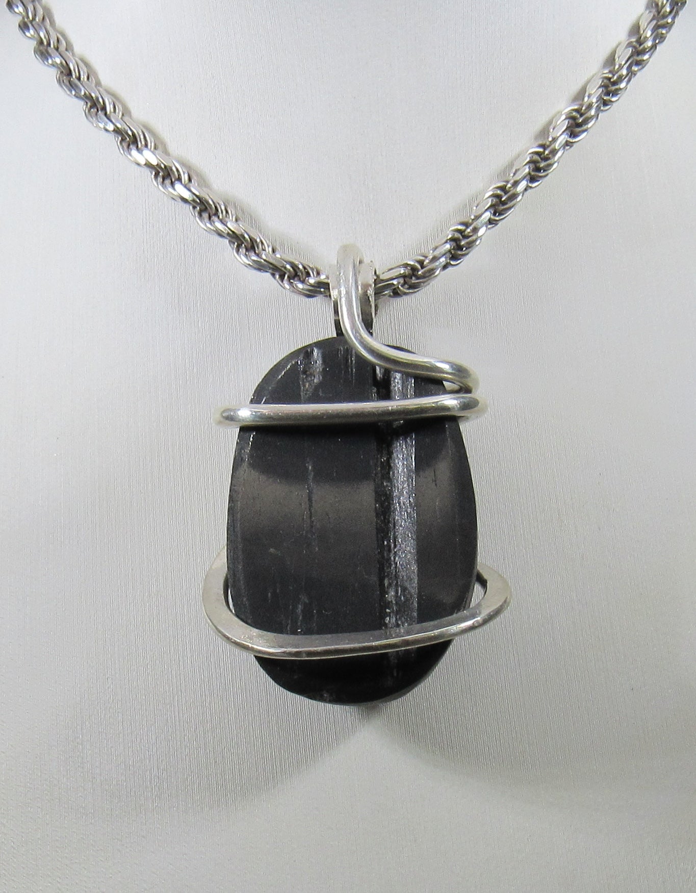 Black Tourmaline Handmade Stone Pendant Wrapped in Silver