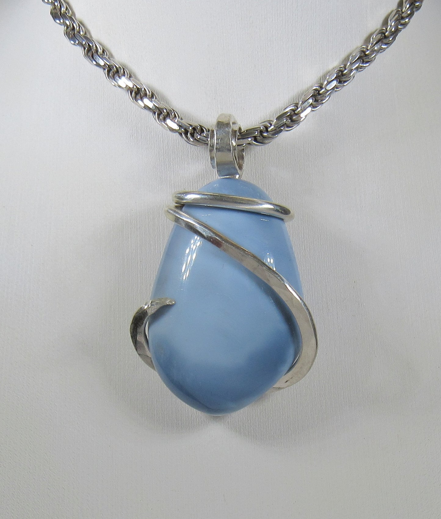 Blue Opal Handmade Stone Pendant Wrapped in Silver