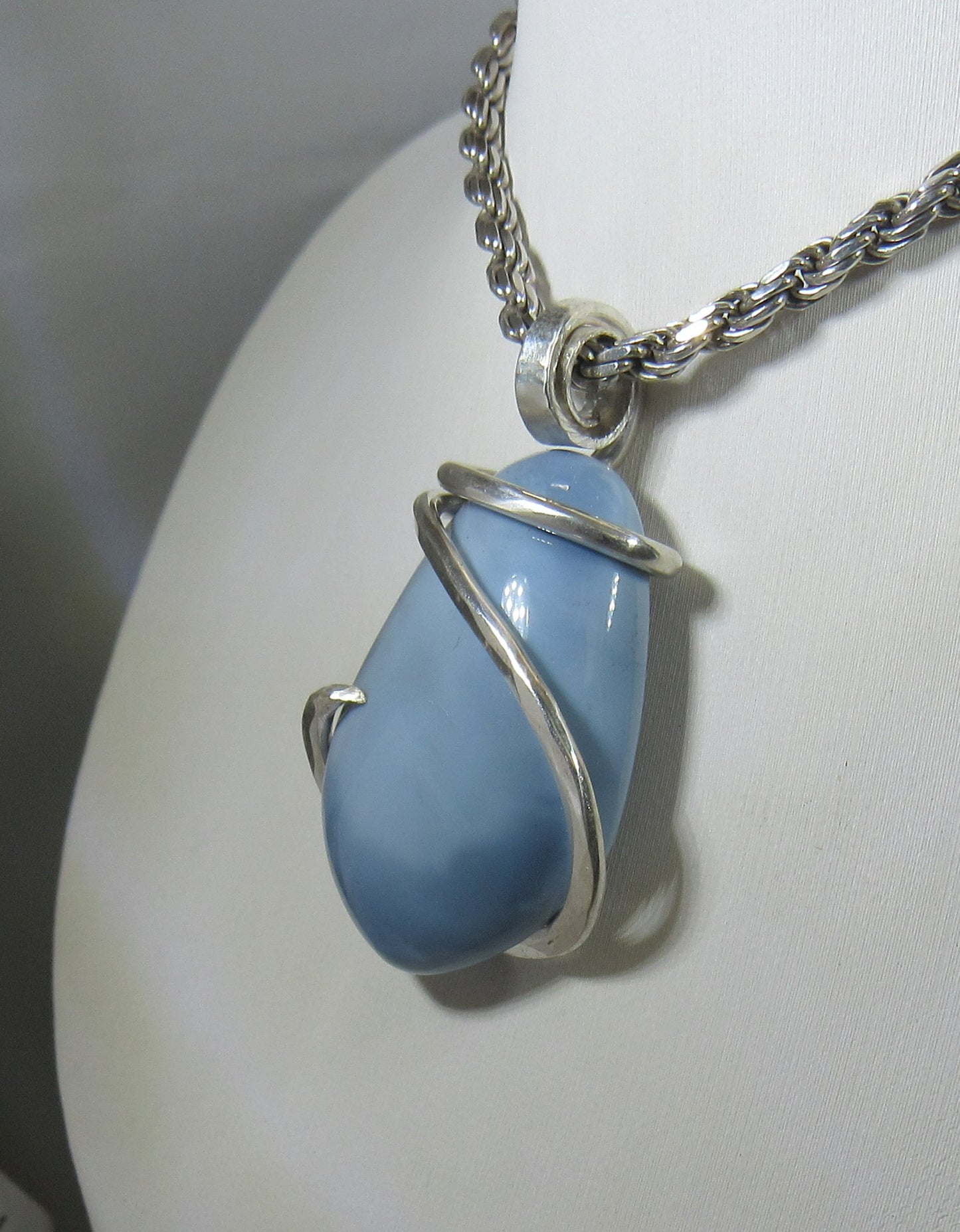 Blue Opal Handmade Stone Pendant Wrapped in Silver