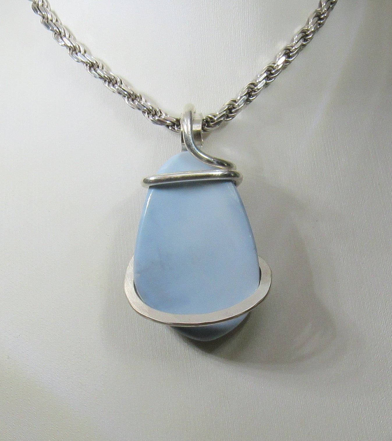 Blue Opal Handmade Stone Pendant Wrapped in Silver