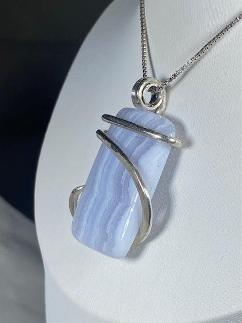 Blue Lace Agate Handmade Stone Pendant Wrapped in Silver