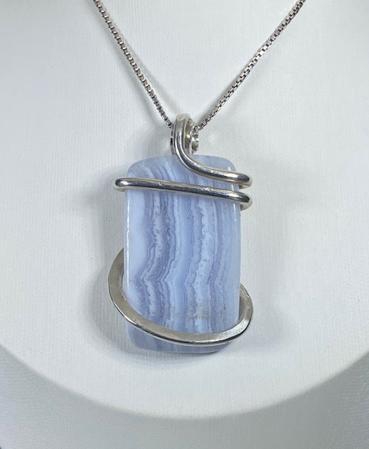 Blue Lace Agate Handmade Stone Pendant Wrapped in Silver