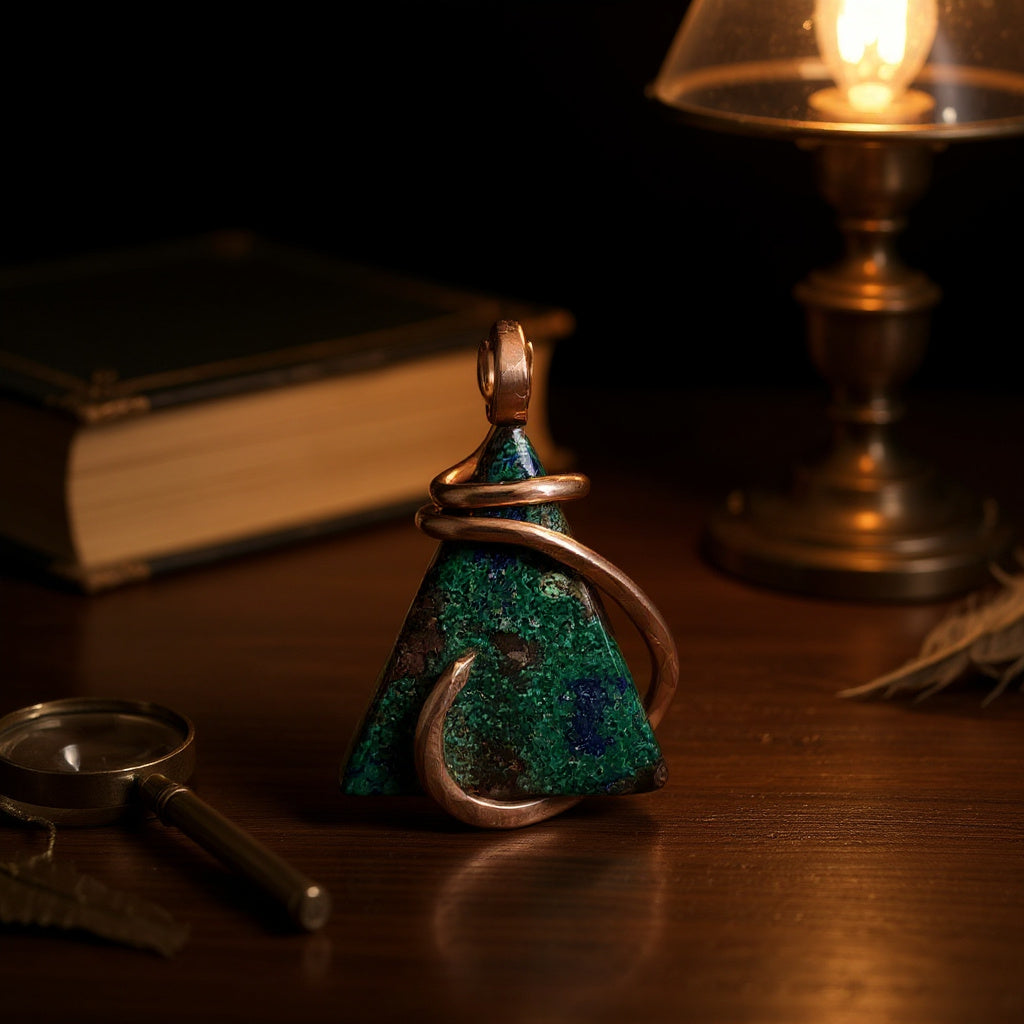 Azurite and Malachite Handmade Stone Pendant Wrapped in Copper