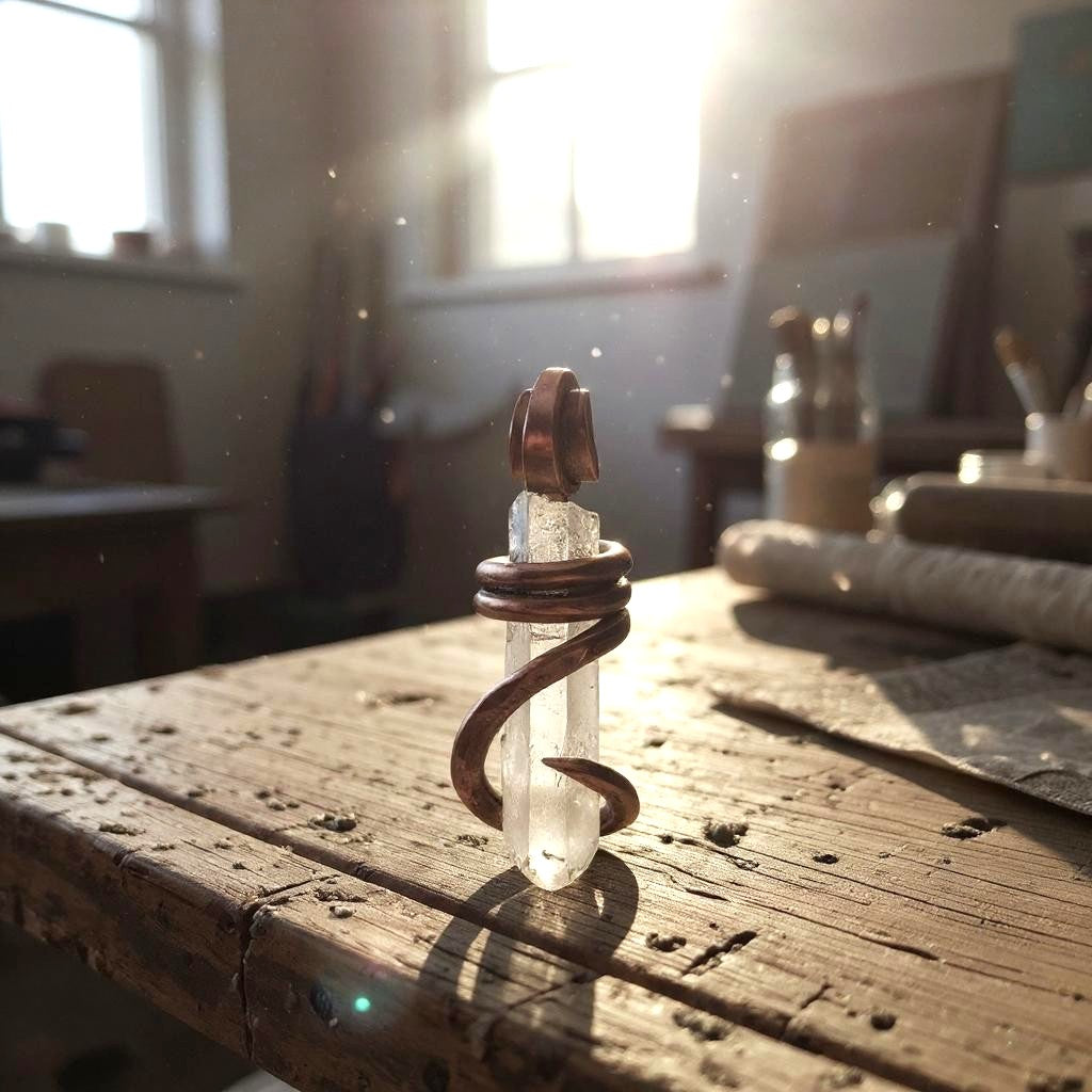 Clear Quartz Point Handmade Crystal Pendant Wrapped in Copper