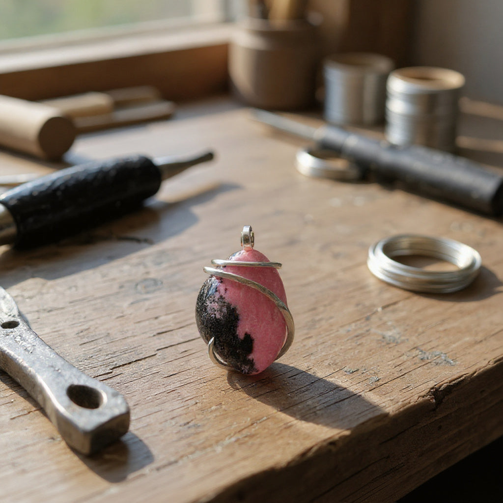 Rhodonite Handmade Stone Pendant Wrapped in Silver