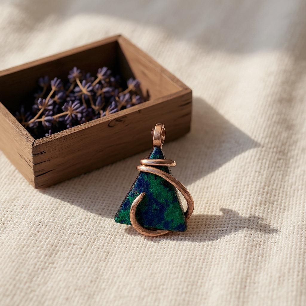 Azurite and Malachite Handmade Stone Pendant Wrapped in Copper
