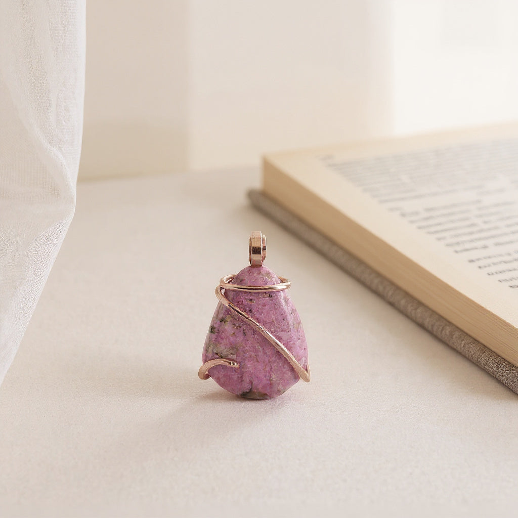 Rhodonite Handmade Stone Pendant Wrapped in Copper