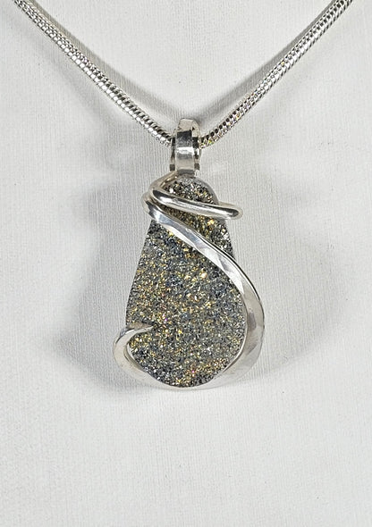 Agatized Drusy Handmade Crystal Pendant Wrapped in Silver