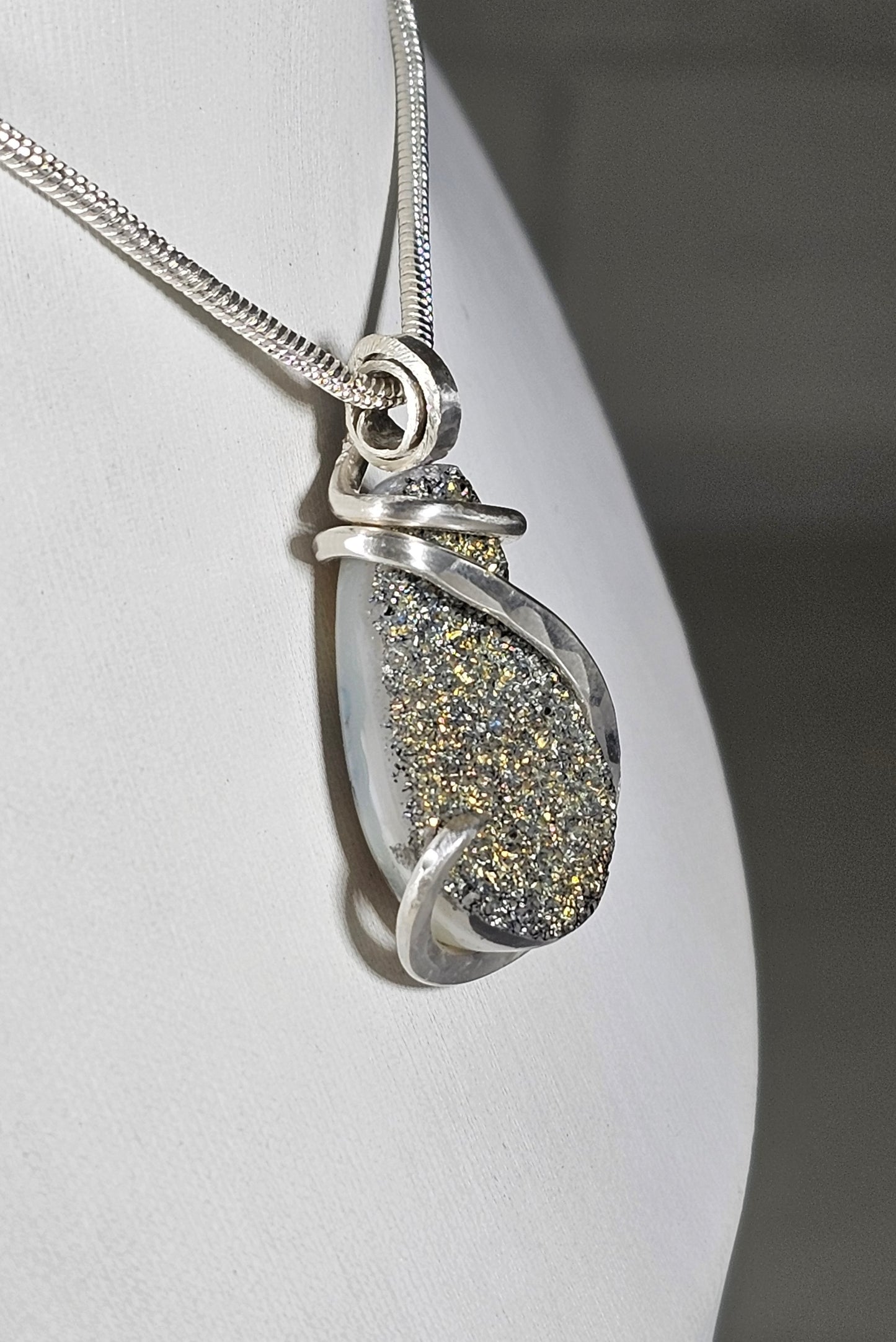 Agatized Drusy Handmade Crystal Pendant Wrapped in Silver