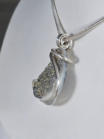 Agatized Drusy Handmade Crystal Pendant Wrapped in Silver