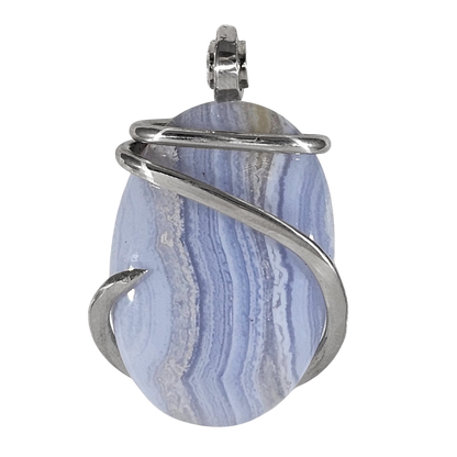 Blue Lace Agate Handmade Stone Pendant Wrapped in Silver