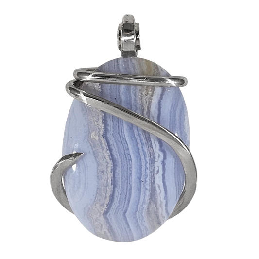 Blue Lace Agate Handmade Stone Pendant Wrapped in Silver