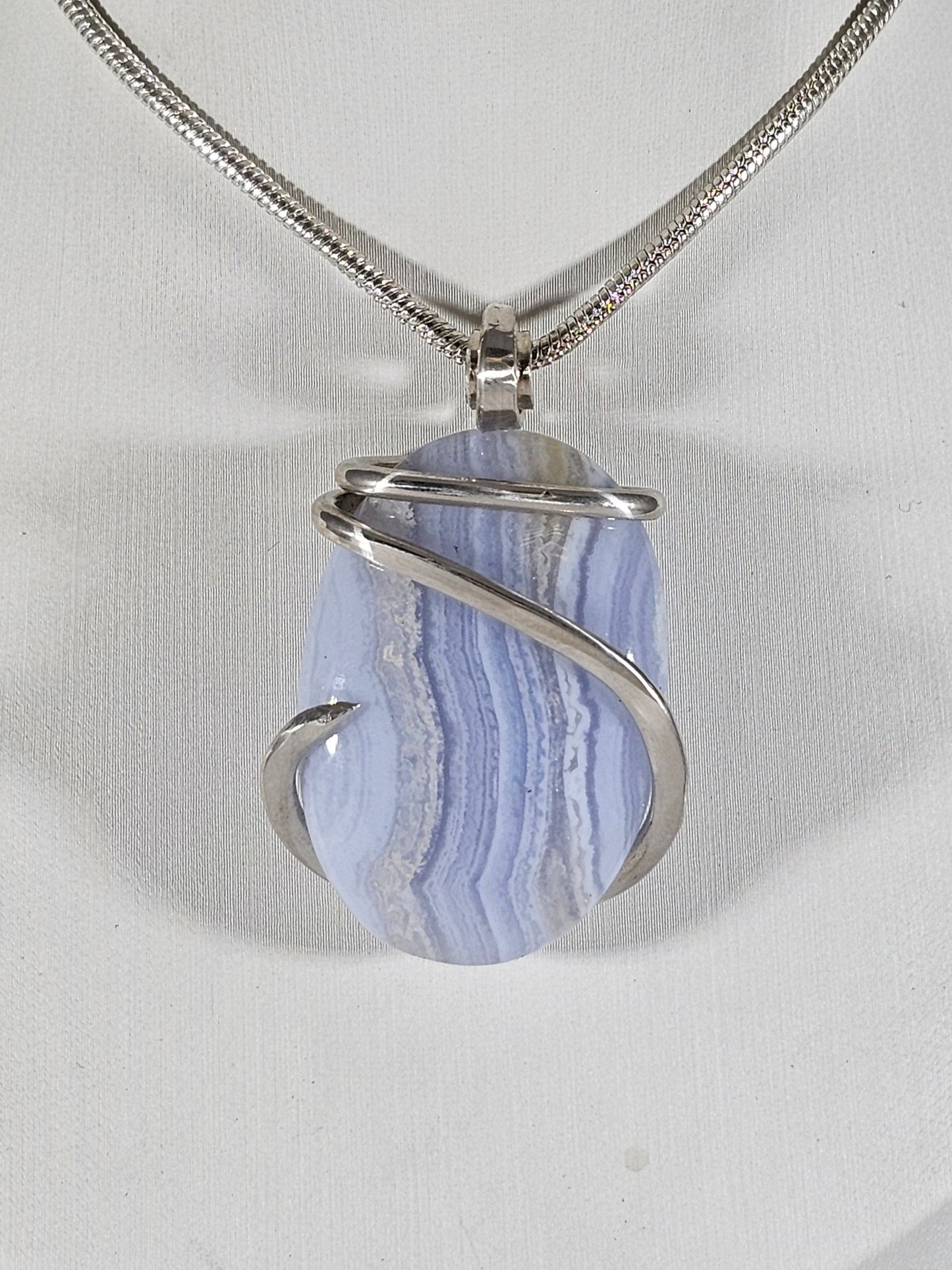 Blue Lace Agate Handmade Stone Pendant Wrapped in Silver