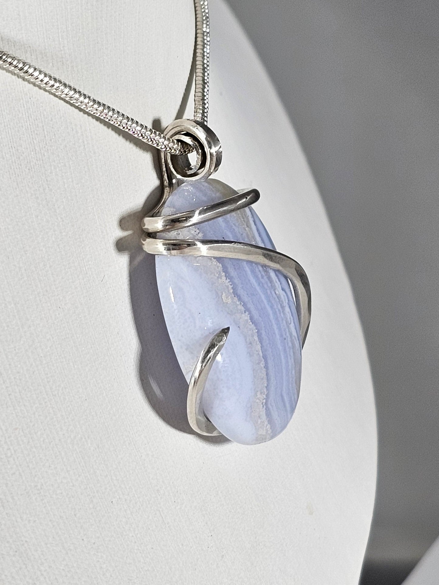 Blue Lace Agate Handmade Stone Pendant Wrapped in Silver