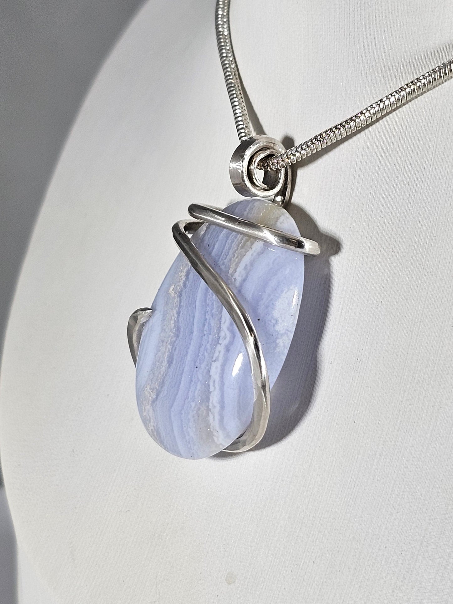 Blue Lace Agate Handmade Stone Pendant Wrapped in Silver