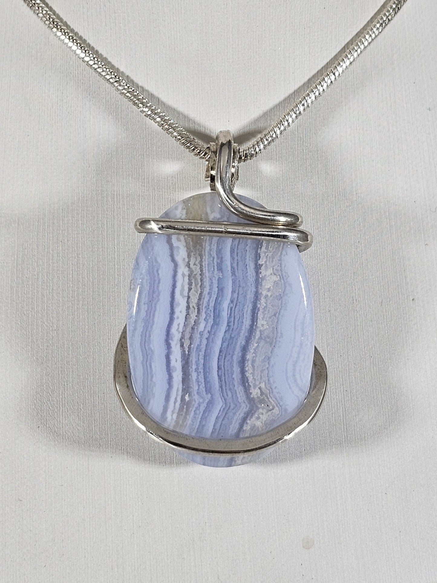 Blue Lace Agate Handmade Stone Pendant Wrapped in Silver