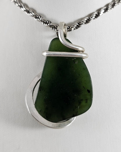 Jade Handmade Stone Pendant Wrapped in Silver