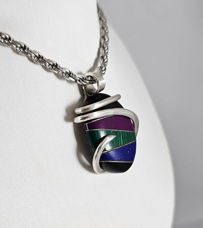 Inlay Handmade Pendant Wrapped in Silver (Antique Bead)