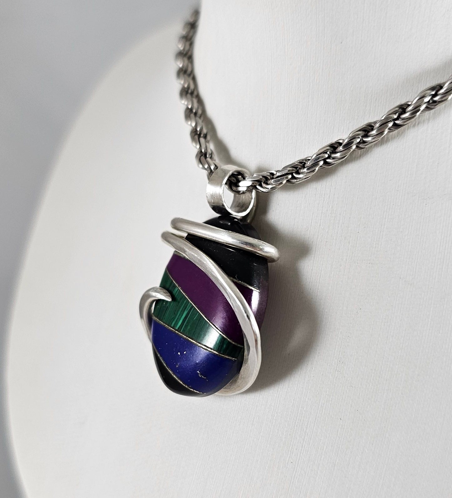 Inlay Handmade Pendant Wrapped in Silver (Antique Bead)
