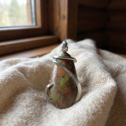 Copper in Matrix Handmade Stone Pendant Wrapped in Silver