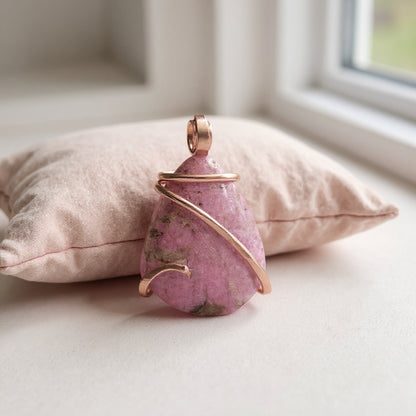 Rhodonite Handmade Stone Pendant Wrapped in Copper
