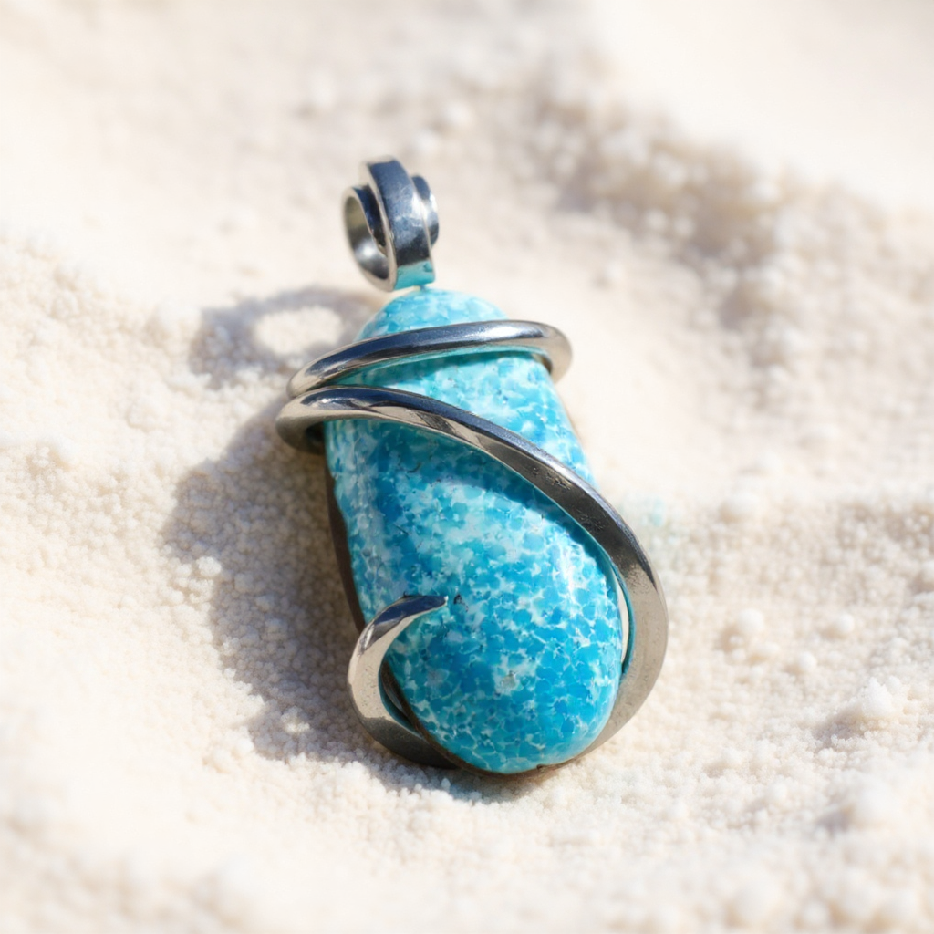 Turquoise stone pendant with silver wire wrapping on a sandy background