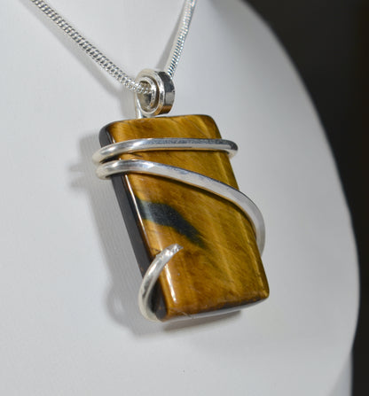 Gold Tiger Eye Handmade Stone Pendant Wrapped in Silver