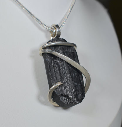 Black Tourmaline Handmade Stone Pendant Wrapped in Silver