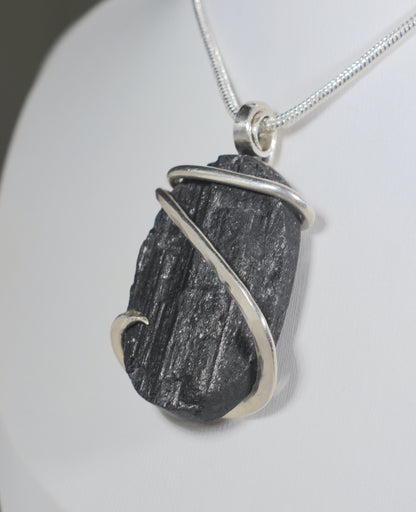 Black Tourmaline Handmade Stone Pendant Wrapped in Silver