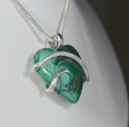 Malachite Handmade Stone Pendant Wrapped in Silver