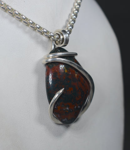 Bloodstone Handmade Stone Pendant Wrapped in Silver