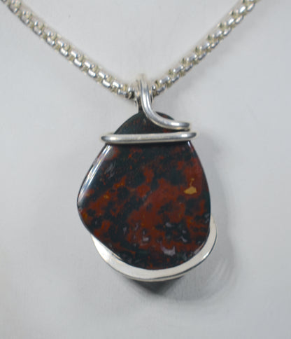 Bloodstone Handmade Stone Pendant Wrapped in Silver