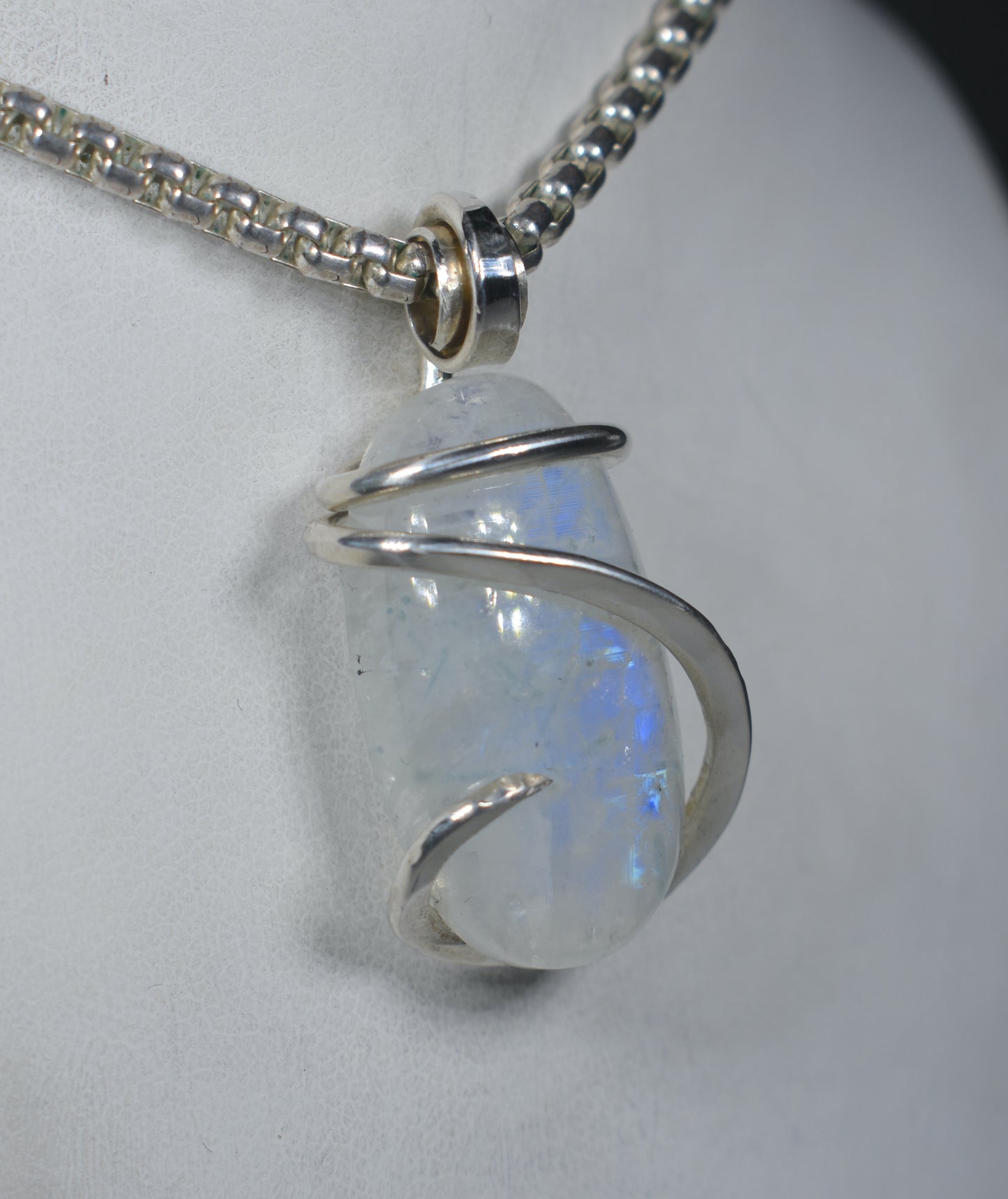 Rainbow Moonstone Handmade Crystal Pendant Wrapped in Silver