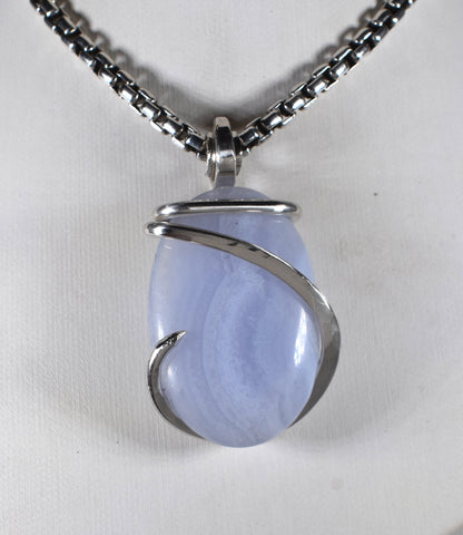 Blue Lace Agate Pendant Necklace 925 Sterling Silver