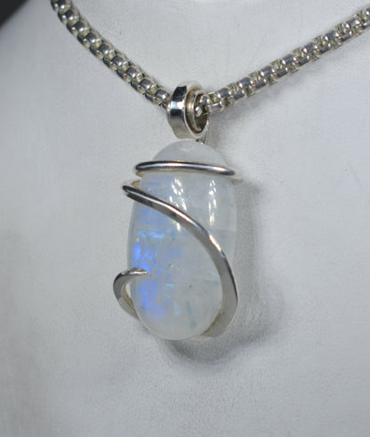 Rainbow Moonstone Handmade Crystal Pendant Wrapped in Silver